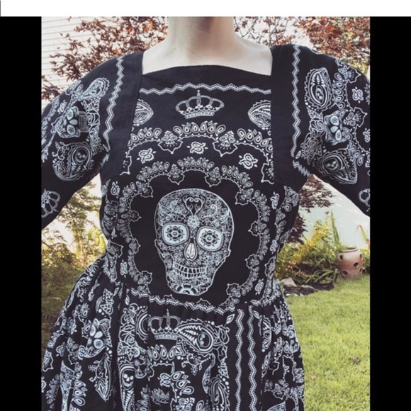 💀LAST ONE 💀 Handmade Black & White Skull Skeleton Print Bandana Maxi Dress - Picture 11 of 14